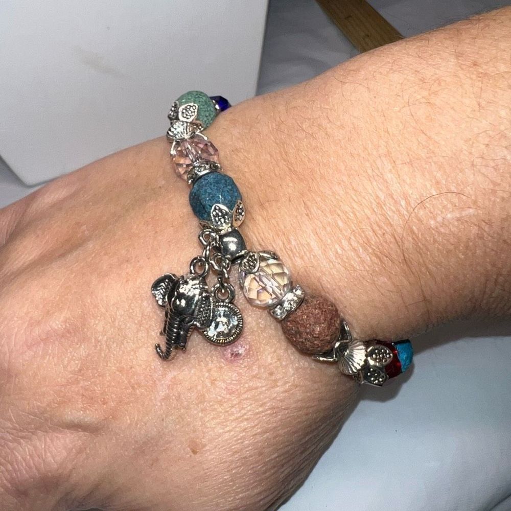 Silver Tone Colorful Lava Rock Bead Good Luck Elephant Charm Bracelet - Picture 5 of 7